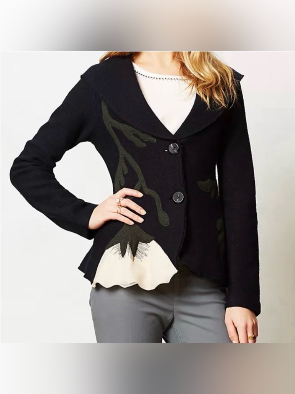 Anthropologie Rosie Neira Moonflower Cardigan  with Floral Applique